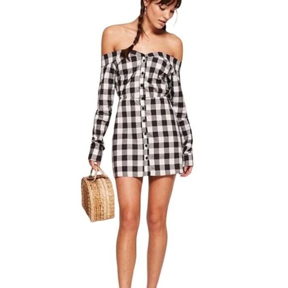 Reformation Off The Shoulder Bromley Check Gingham Mini Dress Size 2 - Picture 1 of 9